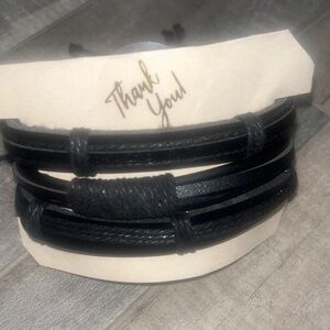 Black Multi-Strand Men's Leather Bracelet - Unbranded